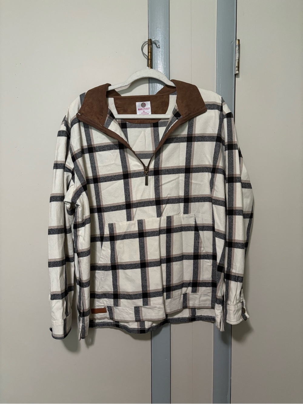 MarleyLilly Cream & Brown Plaid Half-Zip Pullover Hoodie